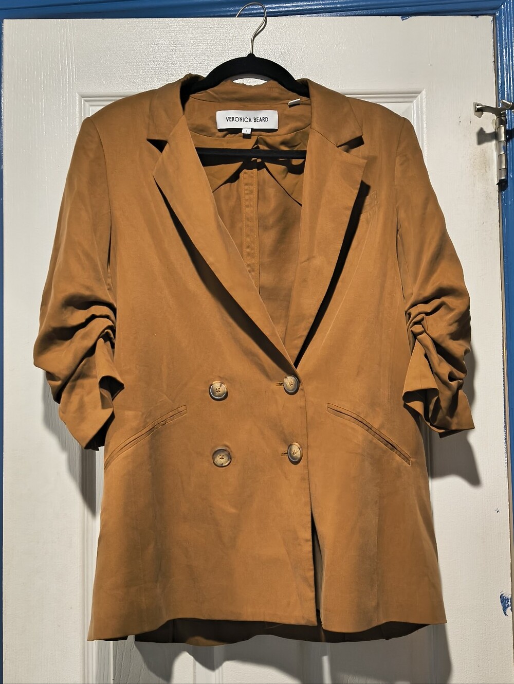 Veronica Beard Camel Ochre Double Breasted Ruched Sleeve Dickey Blazer Jacket 8